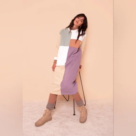 L.F. MARKEY Anders Pastel Patchwork Fleece Sweatshirt Dress S/M - Picture 2 of 10